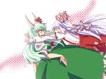  bad_id bad_pixiv_id blush bow ex-keine fujiwara_no_mokou green_hair horns hug kamishirasawa_keine mizu_mochi multiple_girls surprised touhou white_hair 