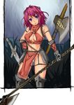  axe bad_id bad_pixiv_id blue_eyes boots breasts cleavage final_fantasy final_fantasy_v gloves hand_on_hip kata large_breasts lenna_charlotte_tycoon pink_hair polearm purple_hair short_hair solo spear sword weapon 