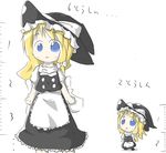  aoblue blonde_hair blue_eyes blush chibi comparison hat height_difference highres kirisame_marisa long_hair no_pupils open_mouth sketch solo standing touhou translated white_background witch_hat 