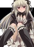  doll_joints dress frills gucchi hairband kneehighs long_hair purple_eyes ribbon rozen_maiden silver_hair sitting socks solo suigintou 