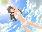  artist_request ball beachball bikini black_eyes black_hair cloud copyright_request day dutch_angle long_hair non-web_source sky solo swimsuit 