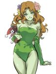  bare_shoulders batman_(series) blush character_doll dc_comics detached_sleeves doll flower green_leotard green_skin grey_eyes hair_flower hair_ornament harley_quinn leotard long_hair miyata_souji orange_hair plant_girl poison_ivy sketch smile solo 