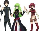  2girls ashford_academy_uniform bad_id bad_pixiv_id bare_shoulders belt black_hair blue_eyes c.c. code_geass detached_sleeves furekuru_(freckle) green_hair kallen_stadtfeld lelouch_lamperouge long_hair midriff multiple_girls red_hair school_uniform short_hair sleeveless sleeveless_turtleneck thighhighs turtleneck yellow_eyes 