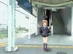 akane_souichi blazer jacket original scarf school_uniform skirt smile solo tactile_paving train_station waving 