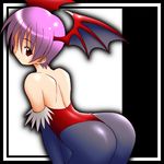  artist_request ass bare_back bare_shoulders demon_girl demon_wings feather_trim head_wings leotard lilith_aensland pantyhose purple_hair red_eyes red_leotard red_wings short_hair shoulder_blades solo strapless strapless_leotard succubus vampire_(game) wings 