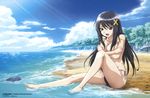  1girl absurdres asakura_naoko barefoot beach bikini black_hair breast_hold breasts cleavage cloud comp_h&#039;s comp_h's covering cross crossed_arms embarrassed feet feet_in_water hair_ornament hanai_hirokazu highres kono_aozora_ni_yakusoku_wo large_breasts leg_up long_hair official_art open_mouth outdoors red_eyes scan side-tie_bikini sitting sky soaking_feet solo swimsuit topless water wet 