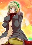  bad_id bad_pixiv_id blonde_hair blush coat dress earmuffs green_eyes huang_baoling rduuroorn scarf shadow short_hair sitting solo tiger_&amp;_bunny wariza 