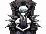  blue_dress bow cirno dress grey_eyes hair_bow shishigami_(sunagimo) short_hair sitting solo throne touhou upper_body wings 