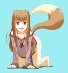  all_fours animal_ears bad_id bad_pixiv_id bare_shoulders barefoot blue_background blush bottomless breasts brown_eyes brown_hair cleavage fang full_body highres holo long_hair looking_at_viewer medium_breasts open_mouth pouch simple_background solo spice_and_wolf tail tora_(k0000472973) wolf_ears wolf_tail 
