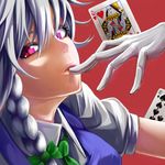  braid card face finger_to_mouth gloves hair_between_eyes izayoi_sakuya lips open_mouth parted_lips playing_card red_background red_eyes side_braid slit_pupils solo touhou turn-a 