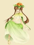  aerlai blue_eyes brown_hair crown double_bun dress gloves highres lilligant lilligant_(cosplay) long_hair mei_(pokemon) pokemon pokemon_(creature) pokemon_(game) pokemon_bw2 sandals simple_background skirt skirt_lift solo twintails 