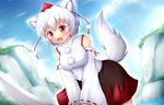  animal_ears bare_shoulders blush detached_sleeves hat inubashiri_momiji kane-neko open_mouth red_eyes short_hair solo sword tail tokin_hat touhou weapon white_hair wolf_ears wolf_tail 