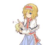  alice_margatroid blonde_hair blue_eyes blush capelet character_doll doll flick hairband kirisame_marisa natsuk one_eye_closed short_hair solo touhou 