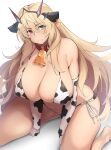  1girl animal_ears animal_print bangs bare_shoulders bell bikini blonde_hair breasts cleavage collar cow_ears cow_print cowbell elbow_gloves fairy_knight_gawain_(fate) fake_animal_ears fate/grand_order fate_(series) gloves green_eyes heterochromia highres horns kuronyan large_breasts long_hair looking_at_viewer neck_bell red_eyes sitting swimsuit thighhighs thighs wariza white_bikini white_gloves white_legwear 