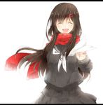  black_hair blush closed_eyes enpera fringe_trim hair_ornament hairclip kagerou_project long_hair paper paper_airplane red_scarf scarf school_uniform serafuku shine5s smile solo tateyama_ayano toumei_answer_(vocaloid) vocaloid 