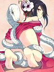  bare_shoulders barefoot blush flower hair_flower hair_ornament hinata_sora japanese_clothes kimono looking_at_viewer looking_back mishaguji red_eyes smile snake solo touhou 