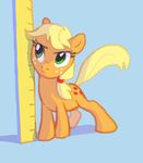  applejack_(mlp) blonde_hair cutie_mark equine female feral freckles friendship_is_magic green_eyes hair horse mammal measuring_stick my_little_pony palestorm plain_background pony short solo young 