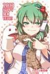  2013 blush detached_sleeves frog_hair_ornament green_eyes green_hair hair_ornament hair_tubes hand_puppet happy_new_year hirase_yuu kochiya_sanae long_hair new_year polka_dot polka_dot_background puppet scarf smile snake snake_hair_ornament solo touhou 