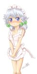  2013 apron artist_name bare_shoulders blue_eyes blush bow braid collarbone dated hair_bow hands_together izayoi_sakuya looking_at_viewer maid_headdress naked_apron nohashi_(travel_frontier) own_hands_together short_hair silver_hair simple_background solo touhou twin_braids v_arms white_background 