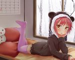  bed brown_eyes calendar_(object) cupen looking_at_viewer lying on_stomach original pillow purple_legwear red_hair solo thighhighs window 