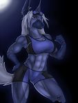  abs blue_fur canine clenched_fist cyera dog ear_piercing eyewear female fit fitness fur goggles hair hand_on_hip krinkels leaning mammal muscles muscular_female piercing solo strong white_hair 