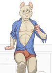 bulge clothing eyewear fur glasses grey_fur looking_at_viewer male mammal mouse muscles nipples open_shirt pecs plain_background red_eyes rodent shirt solo superslickslasher teeth white_background 