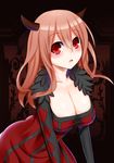  bad_id bad_pixiv_id breasts cleavage demon_girl dress henet_hene horns large_breasts long_hair looking_at_viewer maou_(maoyuu) maoyuu_maou_yuusha pink_hair red_eyes solo 