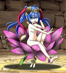  anklet barefoot blue_hair breasts chin_rest feet flower green_eyes jewelry lakshmi_(p&amp;d) lotus lotus_pedestal mochi_mame navel nipples nude on_flower open_mouth puzzle_&amp;_dragons sitting small_breasts soles solo toes twintails 