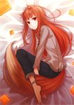  absurdres animal_ears anklet ayakura_juu barefoot between_legs blush brown_hair capri_pants feet fetal_position full_body highres holo jewelry leg_hug long_hair looking_at_viewer lying official_art on_side pants plantar_flexion pouch red_eyes scan smile solo spice_and_wolf tail tail_between_legs wolf_ears wolf_tail 