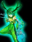  antlers aura bad_id bad_pixiv_id blue_eyes bodysuit bruce_lee's_jumpsuit claws electricity glowing glowing_eyes green_bodysuit green_hair huang_baoling pointy_ears rduuroorn short_hair solo tiger_&amp;_bunny torn_sleeve 
