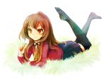  aisaka_taiga brown_eyes brown_hair dandelion flower long_hair lying on_stomach school_uniform sleepy_(sleep_'n'_dream) solo thighhighs toradora! 