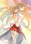  asuna_(sao) brown_eyes brown_hair long_hair looking_at_viewer skirt solo sword sword_art_online very_long_hair weapon xinta 