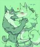  abs anthro biceps blush bulge canine claws clothed clothing cute dog duo e-w01f english_text fur green_background green_eyes half-dressed hug kissing love male mammal muscles pecs plain_background romantic tailwag text topless wolf 