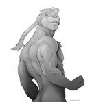  anthro back biceps braid butt clenched_teeth flexing frown fur greyscale male monochrome muscles nipples nude pecs plain_background pose solo superslickslasher teeth unknown_species white_background 