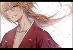 cherry_blossoms himura_kenshin kazari_tayu letterboxed long_hair looking_at_viewer male_focus ponytail purple_eyes red_hair rurouni_kenshin scar smile solo wind 