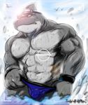  anthro aquatic biceps big_muscles camera cloud clouds eyewear fish gills goggles great_white_shark lens_flare looking_at_viewer male marine muscles navel pecs seagull seagulls shark sky solo speedo swimsuit teeth timberwolfmax underwear water wet wristband 