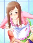  1girl apron artist_request blush bonnie_(rsg) bra breasts brown_hair censored chousoku_henkei_gyrozetter cleavage collar down_blouse downblouse long_hair masturbation penis purple_eyes smile todoroki_nanako underwear 