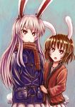 animal_ears bad_id bad_pixiv_id brown_hair bunny_ears bunny_tail contemporary hands_in_pockets highres holding_arm inaba_tewi jacket multiple_girls pleated_skirt purple_hair red_eyes reisen_udongein_inaba scarf short_hair skirt suzutaka_(ringo_kakigoori) tail touhou traditional_media 