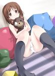  bangs bed black_legwear blush brown_eyes brown_hair covering dutch_angle eyepatch girls_und_panzer holding looking_at_viewer mister_(black_and_white) nishizumi_miho panties pillow short_hair sitting smile socks solo stuffed_animal stuffed_toy teddy_bear topless underwear underwear_only white_panties 