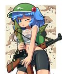  :p alternate_costume assault_rifle bandaid bandaids_on_nipples between_breasts bike_shorts blue_eyes blue_hair blush breasts camouflage gun hair_bobbles hair_ornament hat kawashiro_nitori key magazine_(weapon) medium_breasts midriff navel one_eye_closed pasties rifle rocket_launcher rpg ruku_rx see-through short_hair short_twintails solo tongue tongue_out touhou twintails two_side_up weapon 