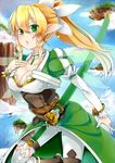  blonde_hair blush boots bracelet braid breasts cleavage day fairy_wings floating_island flying green_eyes hakumen_k jewelry large_breasts leafa long_hair ponytail puffy_sleeves sheath sheathed shorts sky solo sword sword_art_online thighhighs twin_braids weapon wings 