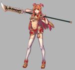  armor bikini_armor blonde_hair breasts copyright_request glaive guan_dao horn inanna123 medium_breasts midriff multicolored_hair polearm red_eyes red_hair solo thighhighs two-tone_hair underboob weapon 