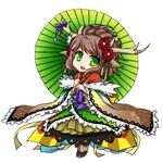  :d animal_ears antlers brown_hair dress flower frills green_eyes hair_flower hair_ornament hooves kano_(p&amp;d) nuana open_mouth parasol puzzle_&amp;_dragons smile solo umbrella 