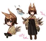  animal_ears bird black_eyes black_hakama blush brown_hair commentary_request eurasian_tree_sparrow hakama japanese_clothes looking_at_viewer multiple_views nada_haruka original personification short_hair simple_background sketch sparrow suzume_(nada_haruka) tail translated white_background 