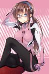  blue_eyes bodysuit breasts brown_hair evangelion:_3.0_you_can_(not)_redo glasses hairband long_hair looking_at_viewer makinami_mari_illustrious medium_breasts mikipa neon_genesis_evangelion pink_bodysuit plugsuit rebuild_of_evangelion red-framed_eyewear semi-rimless_eyewear sitting smile solo twintails under-rim_eyewear 