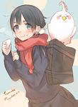  bad_id bad_pixiv_id bird black_hair blue_eyes blush dera_mochimazzui eating food hair_ornament holding holding_food kippu kitashirakawa_tamako long_hair low_twintails mochi scarf school_uniform tamako_market twintails wagashi 