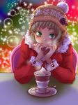  bad_id bad_pixiv_id beanie blonde_hair blush coat cup dragon_kid green_eyes hat looking_at_viewer pov_across_table pov_dating rduuroorn santa_hat solo teacup tiger_&amp;_bunny 
