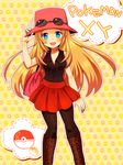  1girl bare_shoulders blonde_hair blue_eyes blush boots breasts cleavage copyright_name english female_protagonist_(pokemon_xy) goggles hat heart heart-shaped_pupils highres long_hair open_mouth poke_ball pokemon pokemon_(game) pokemon_xy serena_(pokemon) skirt smile solo standing symbol-shaped_pupils title_drop tyeinn-suineryuu 