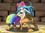  afro anklet bangs barefoot blue_hair blunt_bangs breasts flower forehead_jewel green_eyes hair_flower hair_ornament jewelry lotus medium_breasts mochi_mame multicolored multicolored_hair nipples nude parvati_(p&amp;d) pussy puzzle_&amp;_dragons rainbow_hair solo sunglasses tiger 
