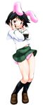  akiba_nagito animal_ears black_eyes black_hair black_legwear blush bunny_ears bunny_tail cross full_body girls_und_panzer green_skirt highres kemonomimi_mode miniskirt neckerchief ooarai_school_uniform panties pantyshot pantyshot_(standing) pink_panties pleated_skirt school_uniform serafuku shoes short_hair skirt socks solo standing tail underwear utsugi_yuuki 